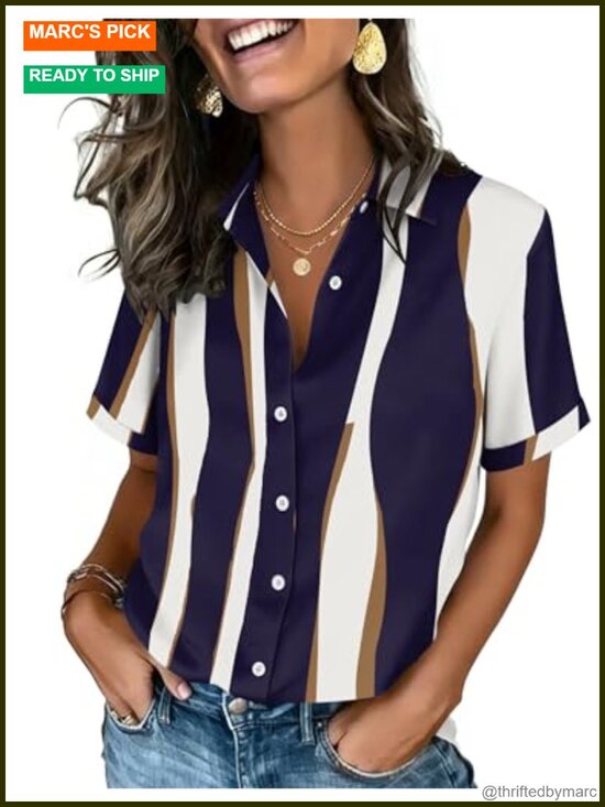 Tops - Zeagoo Womens Short Sleeve Button Down Shirt Collared V-Neck Summer Blouse